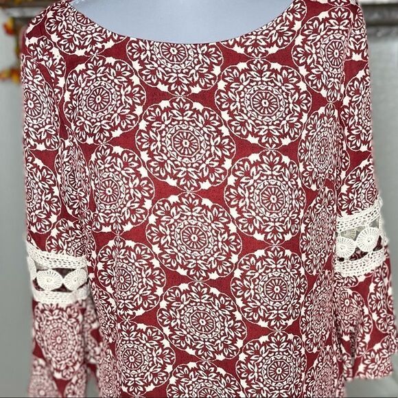 Luxology Red Cream Floral Mosaic 60’s Vibe Groovy Hippie Shift Dress Size 8 - Picture 5 of 16